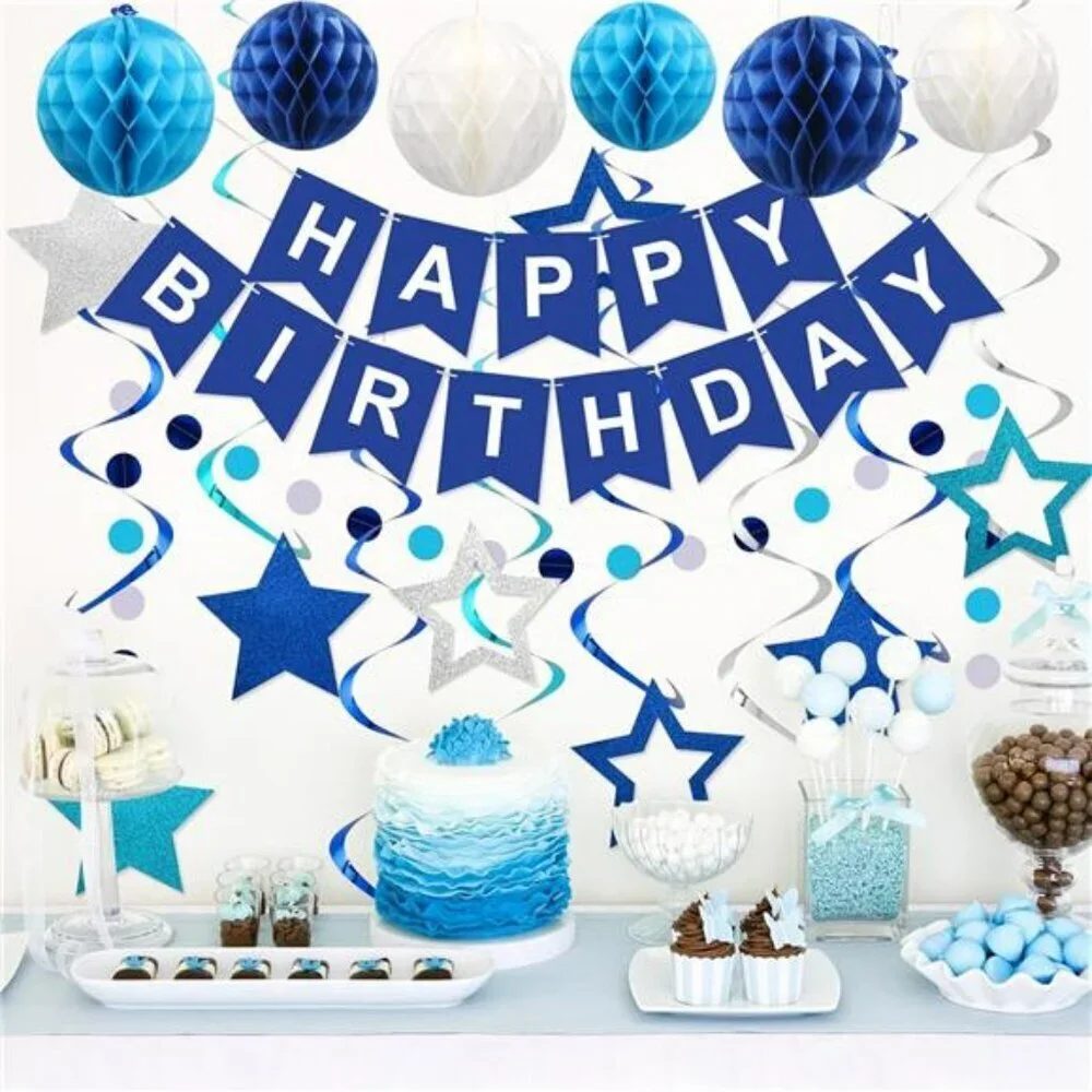 Blue Happy Birthday Party Decorations Set Banner Swirls Garland for Kids Adults